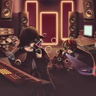 elxar looking for the sound cover art - two anime-chibi styled characters dressed up as sherlock holmes and a victorian era lady investigating a music studio full of synths and orange neons