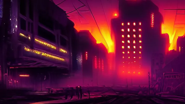 A dark cyberpunk city showered in red lights