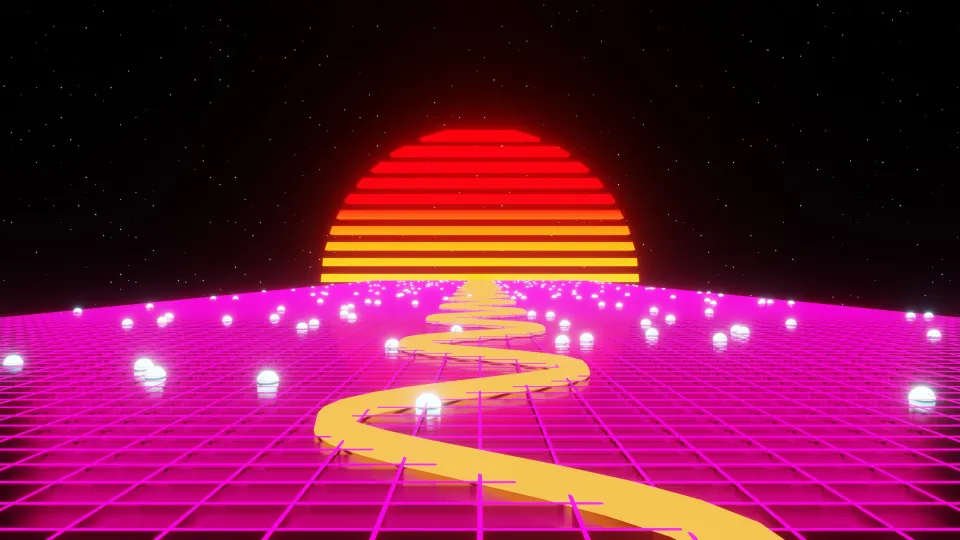 A retrowave image of a yellow road going thorugh a purple grid towards a retro sun